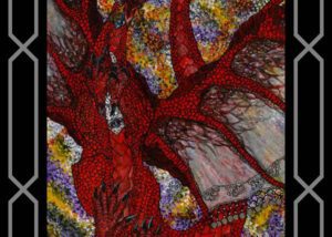 A painting of a red dragon with flowers in the background.
