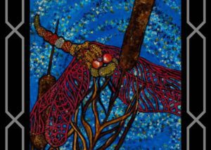 A painting of a dragon fly with blue background