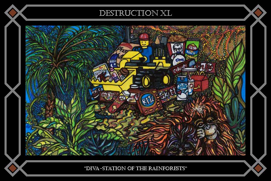 A painting of a yellow tractor in the jungle.