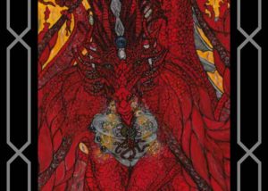 A red dragon is depicted in this tarot card.