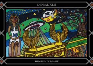 A painting of an alien and spaceship with the words " dental xlii " below it.