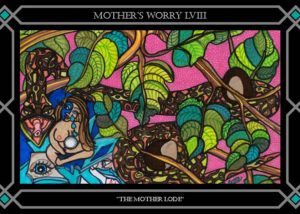 A stained glass window with the words " mother 's worry viii " in black lettering.