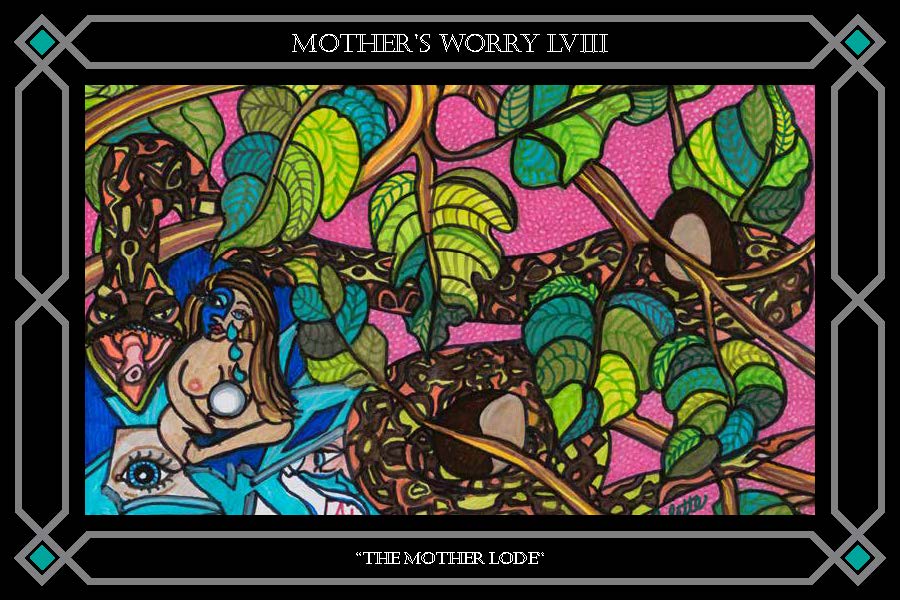 A stained glass window with the words " mother 's worry viii " in black lettering.