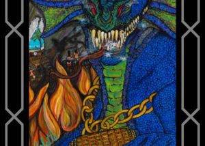 A stained glass picture of a dragon with chains.