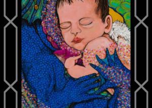 A baby is sleeping in the arms of an adult.
