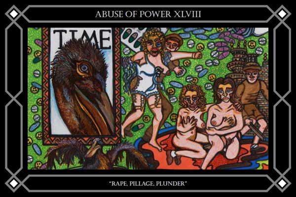 A painting of people and animals with the words " rape, pellage plunder ".