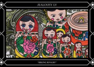 A painting of russian dolls with the words " jealousy iv " underneath.