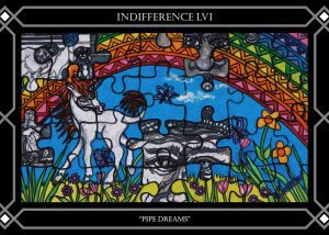 A stained glass window with the words " indifference 1 v 1 " written underneath it.