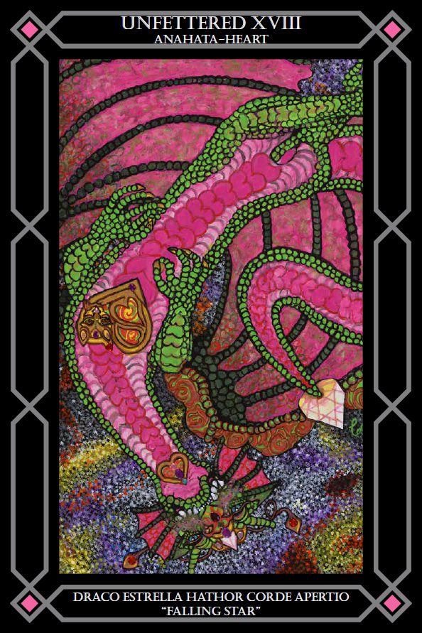 A painting of a dragon with pink and green colors.