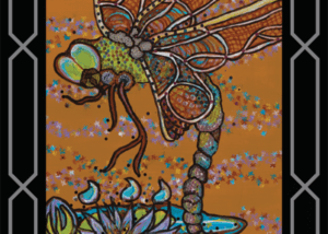 A painting of a dragonfly on the water