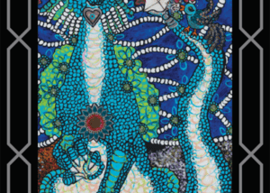A painting of a lizard with blue and green colors.