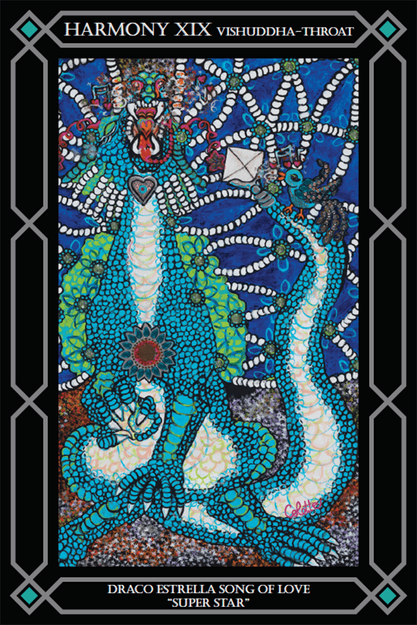 A painting of a lizard with blue and green colors.