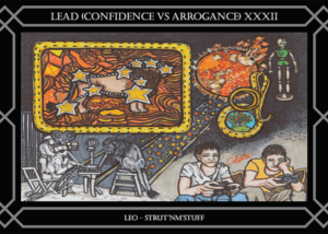 A painting of people and a mural with the words " lead confidence vs arrogance xxii ".
