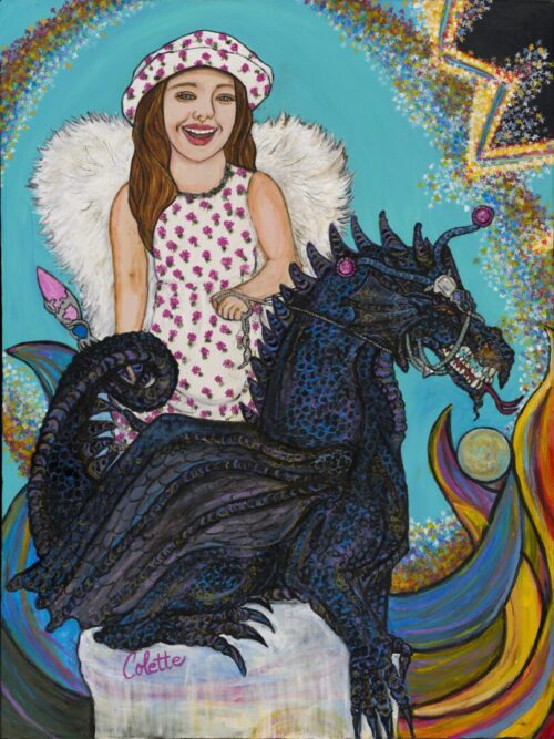 A painting of a girl and a black dragon