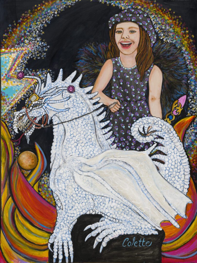 A painting of a girl riding on the back of a white horse.