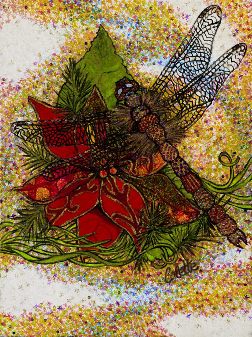 A painting of two dragonflies on a flower.