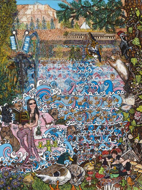 A painting of a woman sitting on the ground surrounded by many different animals.
