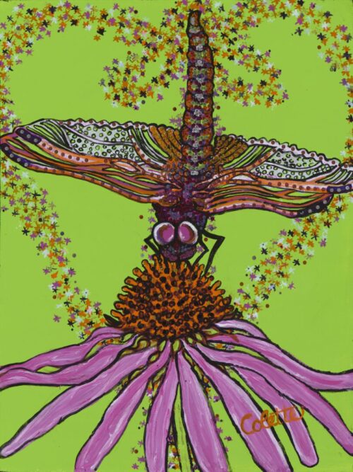 A painting of a bug on top of a flower.