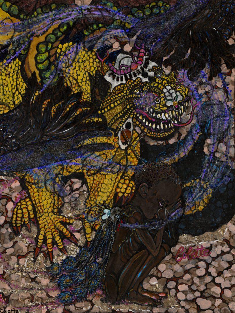 A painting of a dragon with purple and yellow colors.