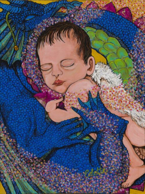 A painting of a baby sleeping in the arms of an adult.