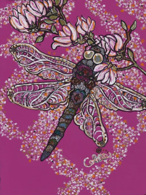 A purple and pink painting of a dragonfly.