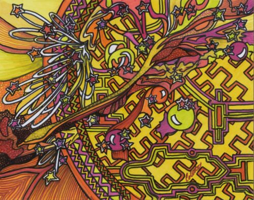 A colorful drawing of a complex pattern with many different colors.