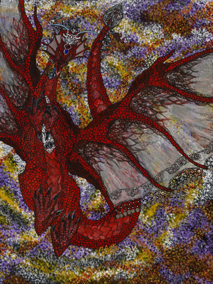 A painting of a red dragon with wings spread.
