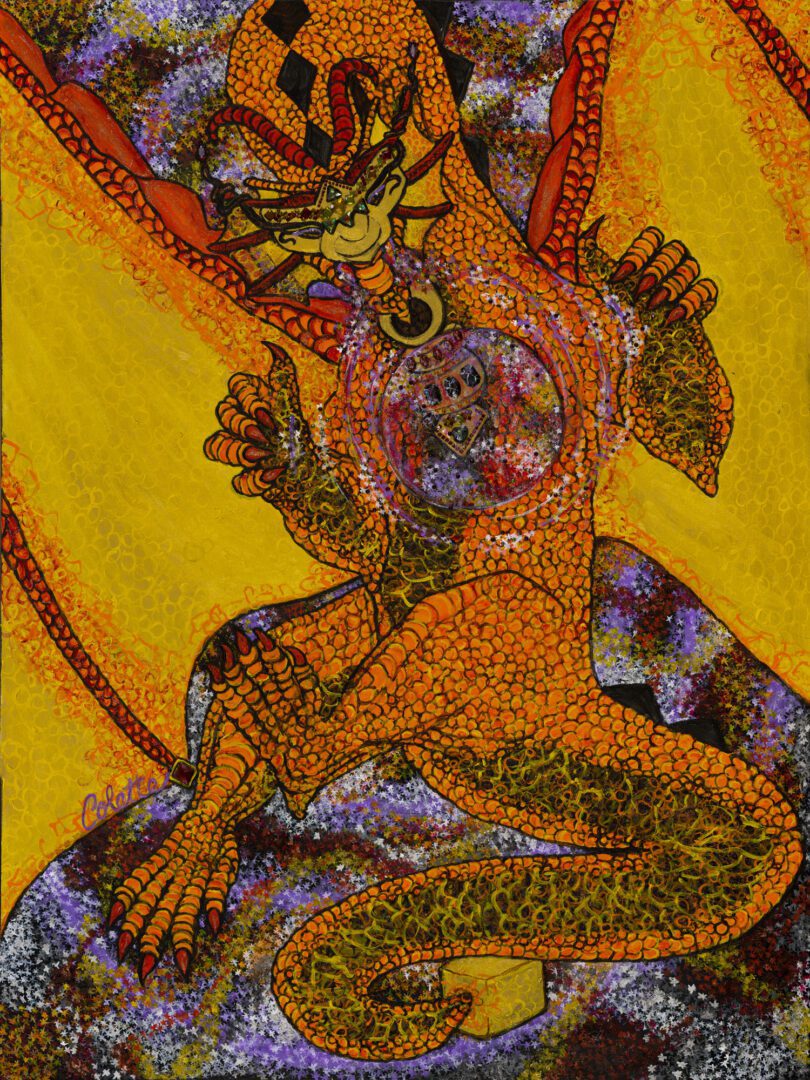 A painting of an orange and yellow creature.