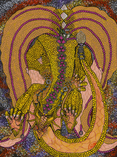 A painting of a person with yellow and purple hair.