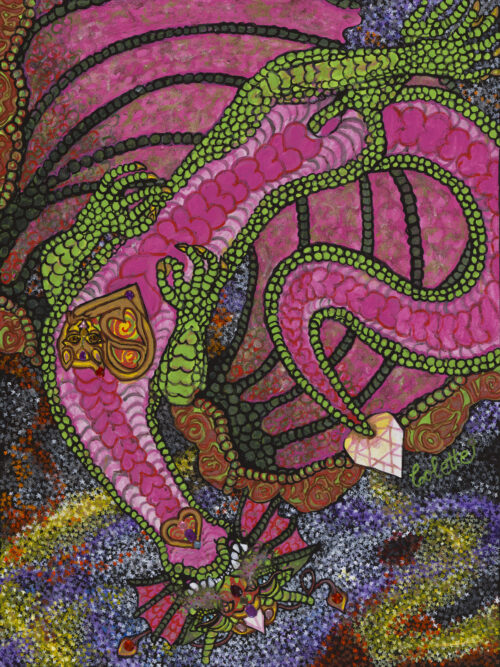 A painting of a pink and green snake