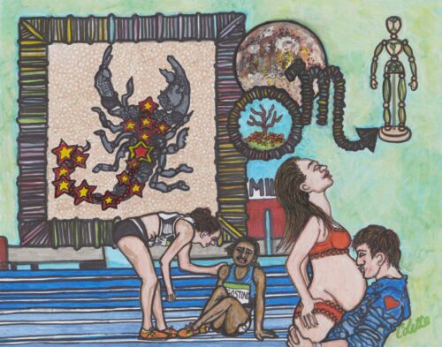 A painting of people in bathing suits and a scorpion.