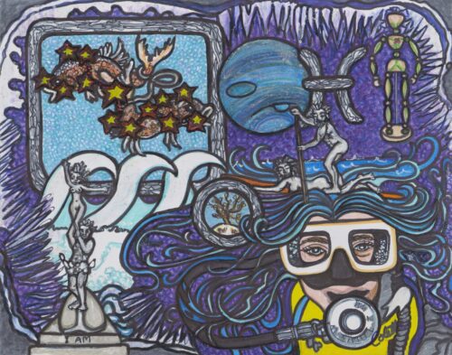 A painting of a person with scuba gear and other things.