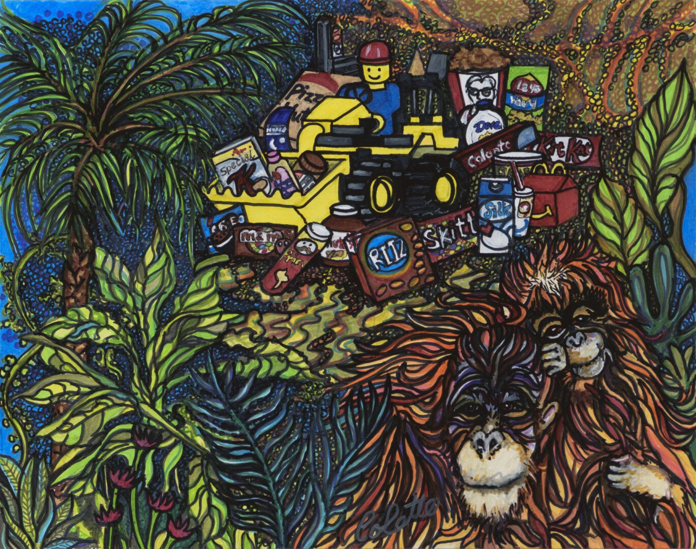 A painting of a gorilla and a construction truck