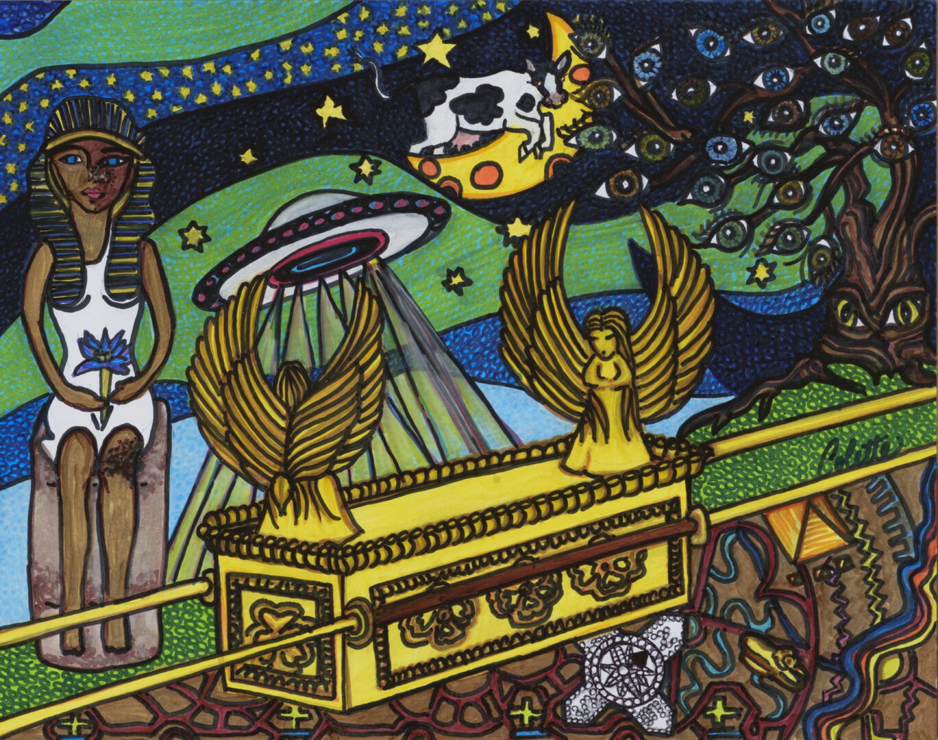 A painting of a gold statue with wings and a moon.