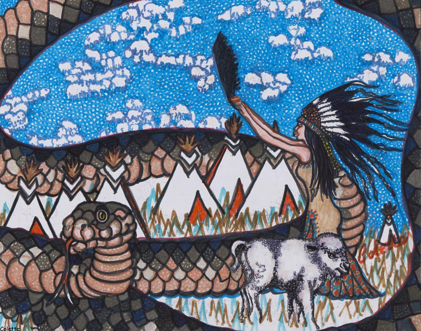 A painting of an indian with a spear and clouds.