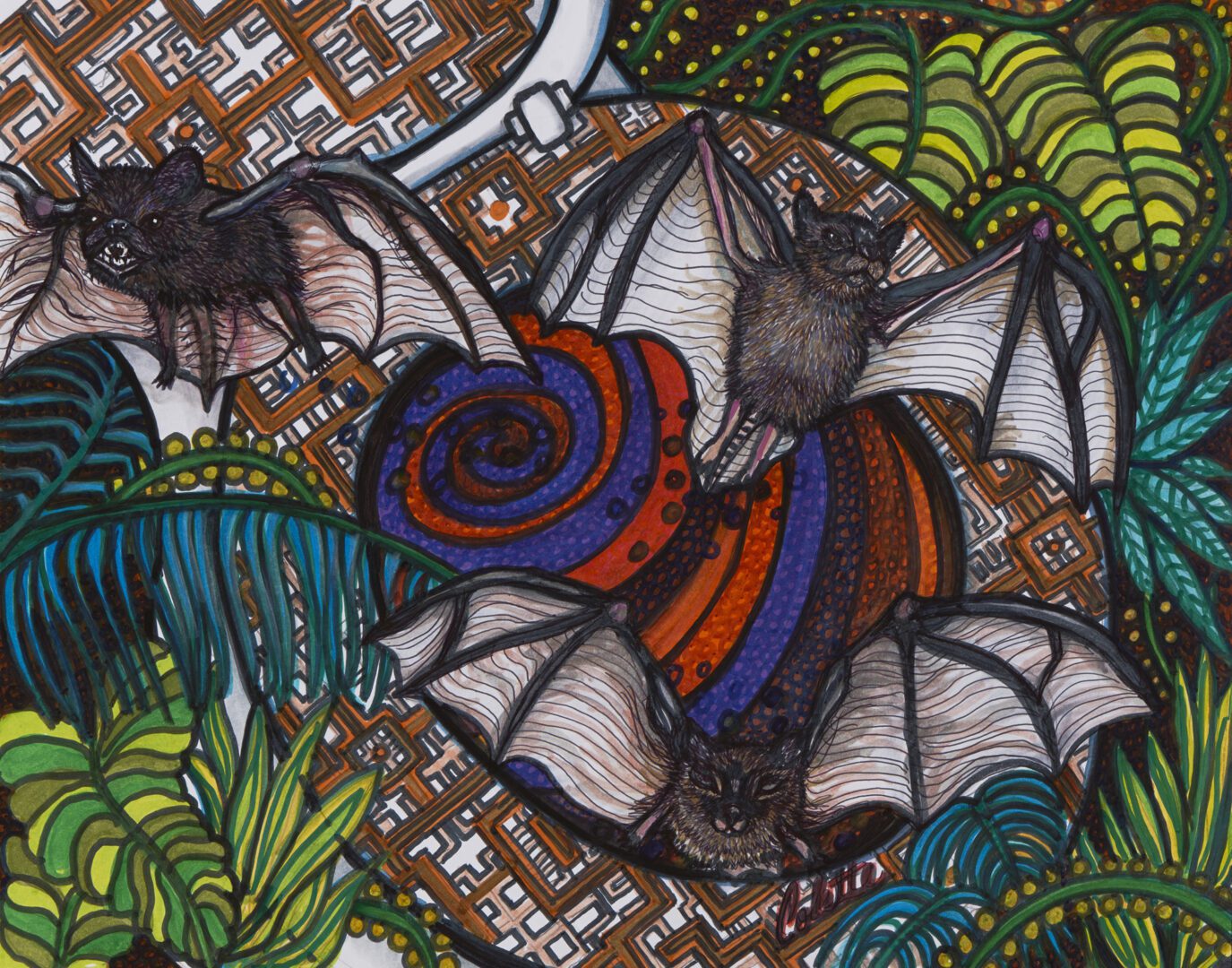 A painting of bats flying in the air.