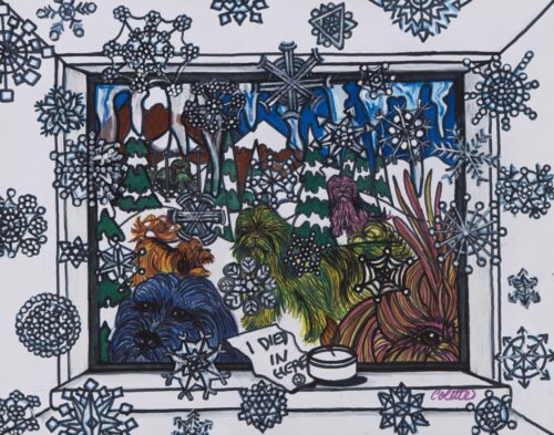 A painting of a window with snow and trees