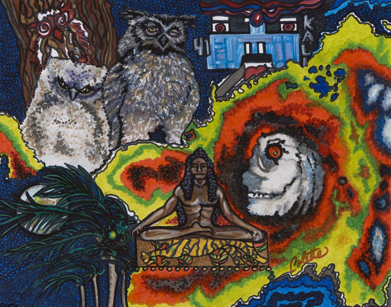 A painting of an owl, a woman and other animals.