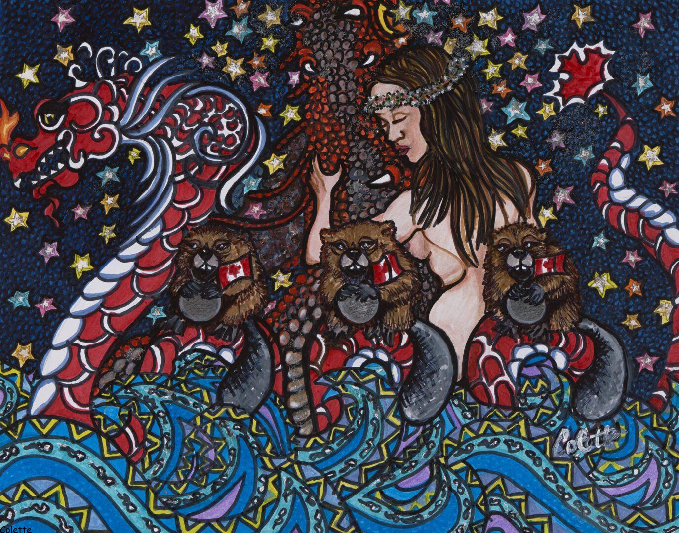 A painting of a woman with three monkeys