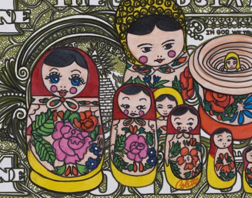A close up of a painting with russian dolls