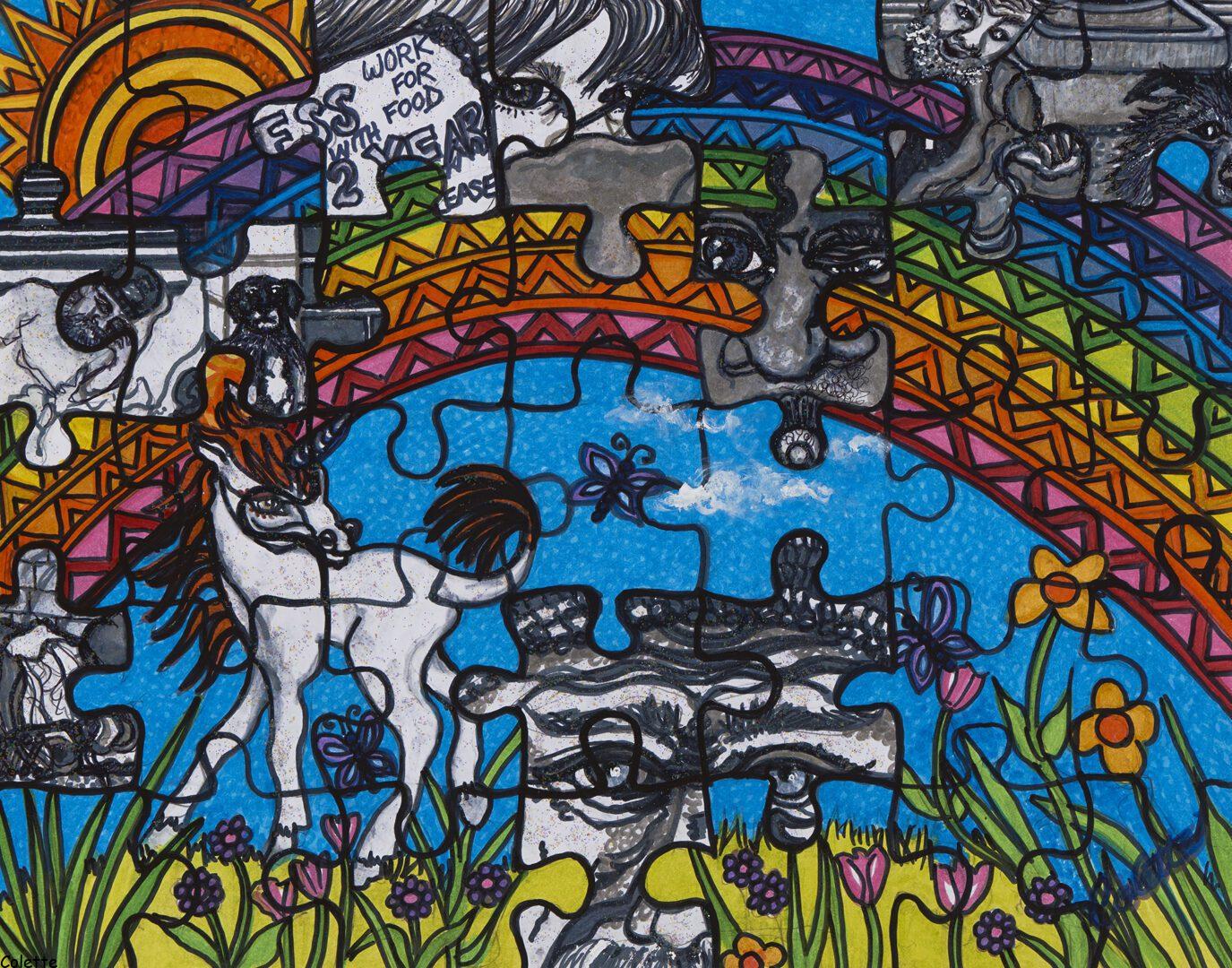 A colorful puzzle with a rainbow and animals