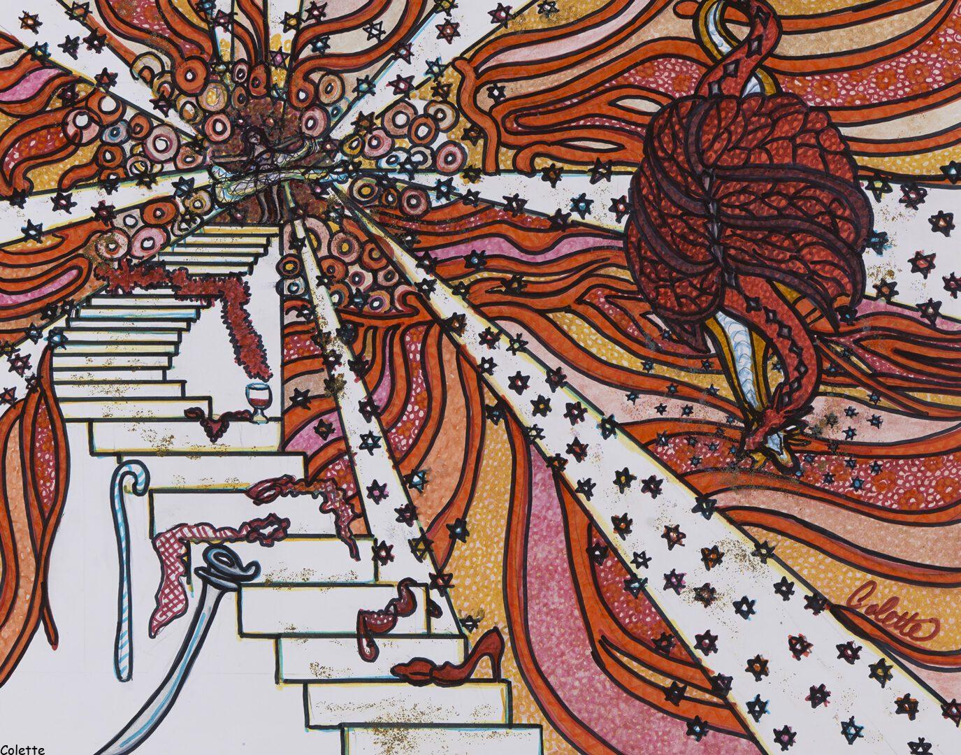 A painting of a staircase with an abstract design.