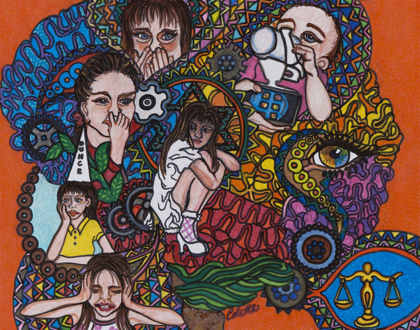A painting of people with cameras and other things.